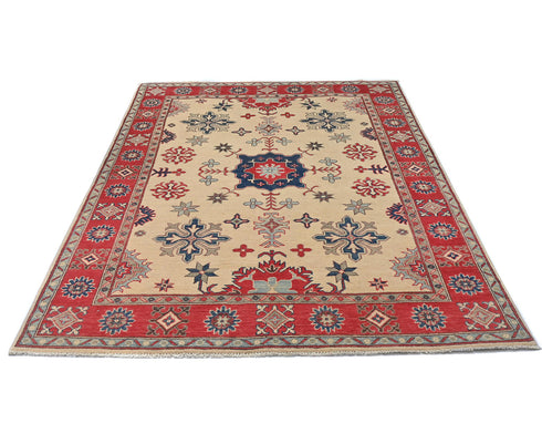 5x7 Beige Kuba Afghan Hand Knotted Wool Area Rug